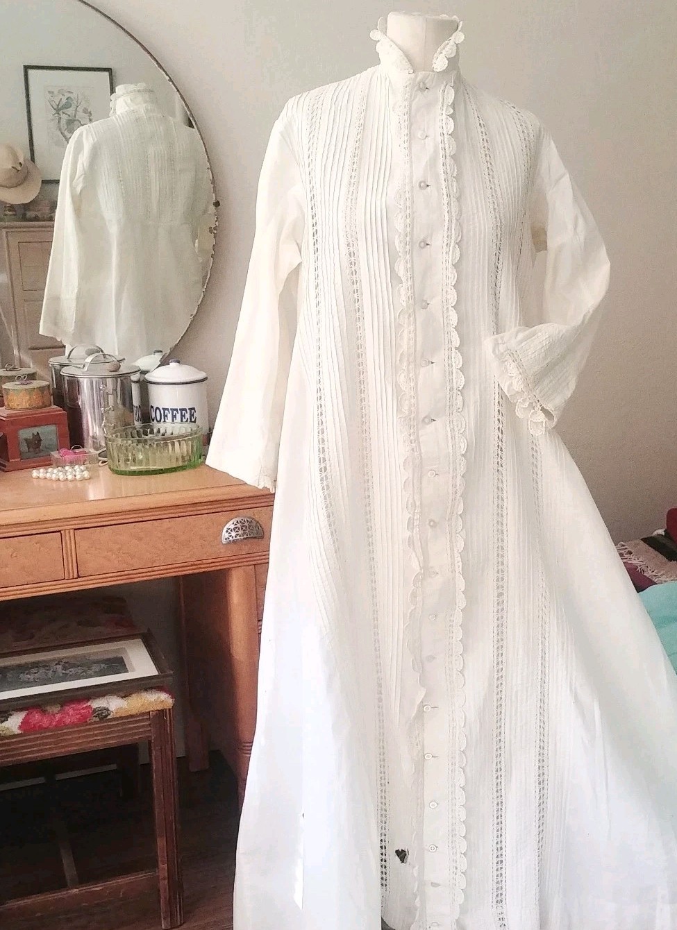 Antique Edwardian Victorian Cotton Lace Dressing Gown Robe Long Sleeve