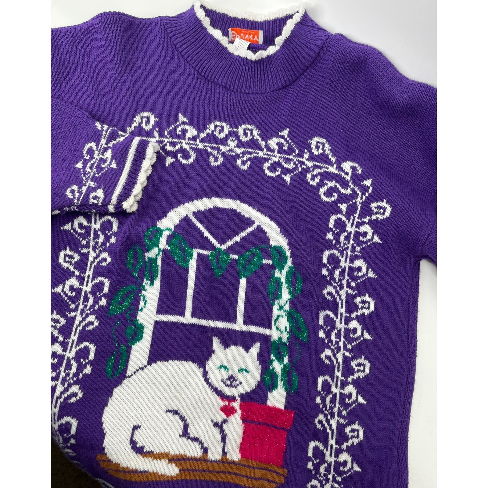 Vintage Spunky Purple Cat Window Intarsia Knit Sweater Mock Neck Scalloped Trim