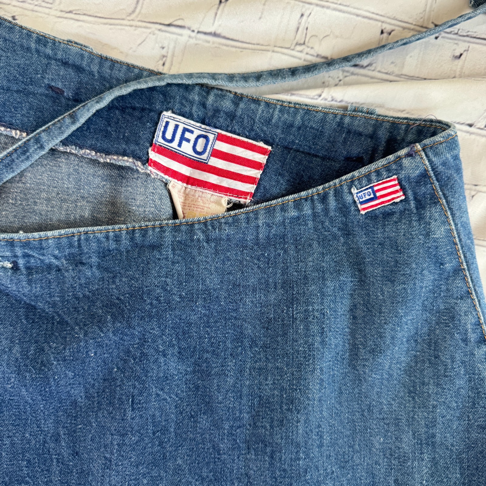 70s vintage UFO JEANS Denim Cut-off Wrap Mini Skirt USA NY American Flag Patch