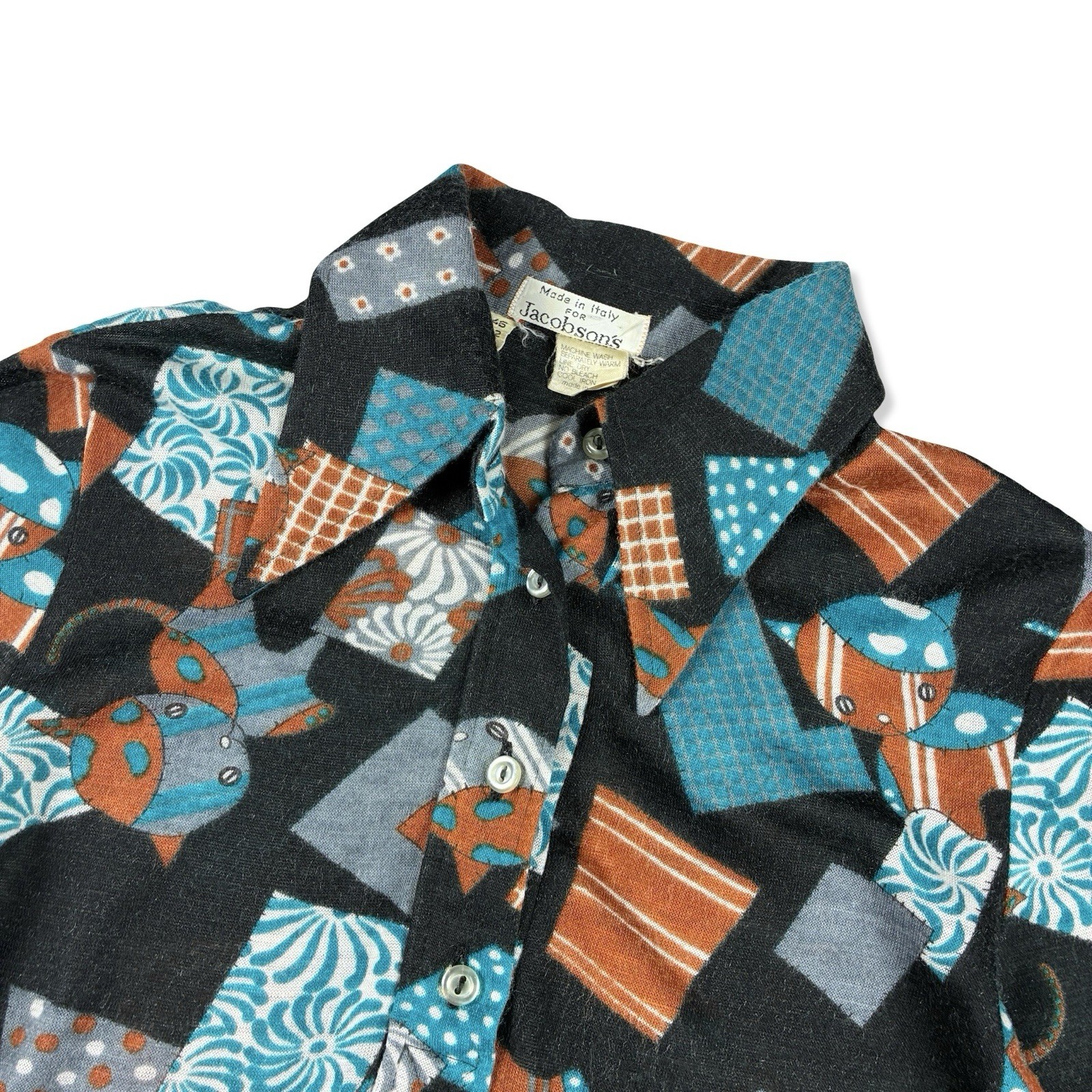 VTG 60s Women’s Jacobson’s Italy Mod Cat Print Long Sleeve Dagger Collar Top M