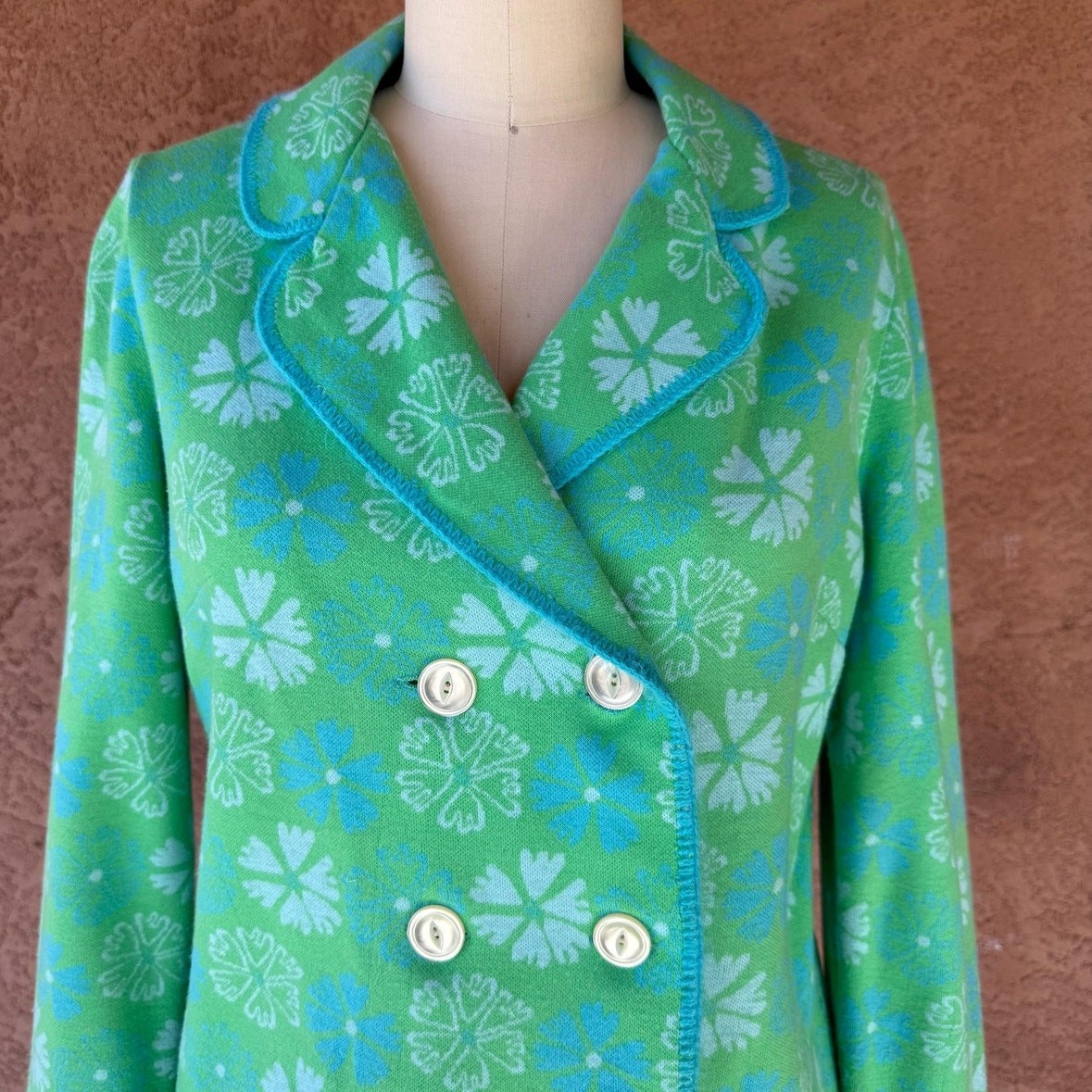 1960s Mod Floral Knit Blazer Jacket, Green Blue Orlon Double Breasted