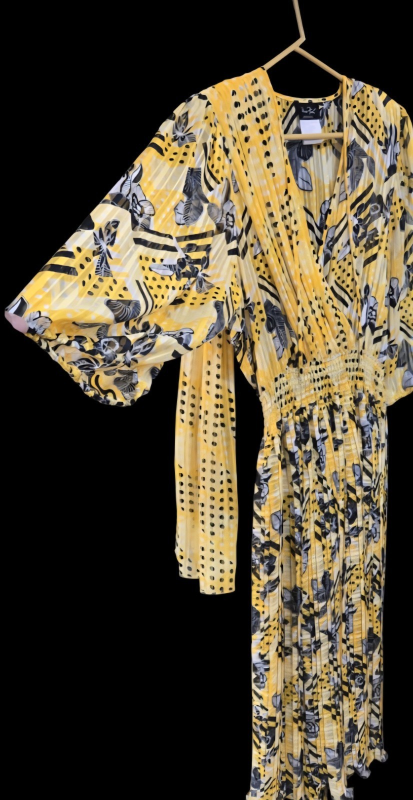 1980s DIANE FREIS ORIGINAL Yellow And Black Polyester Georgette pleated dress M