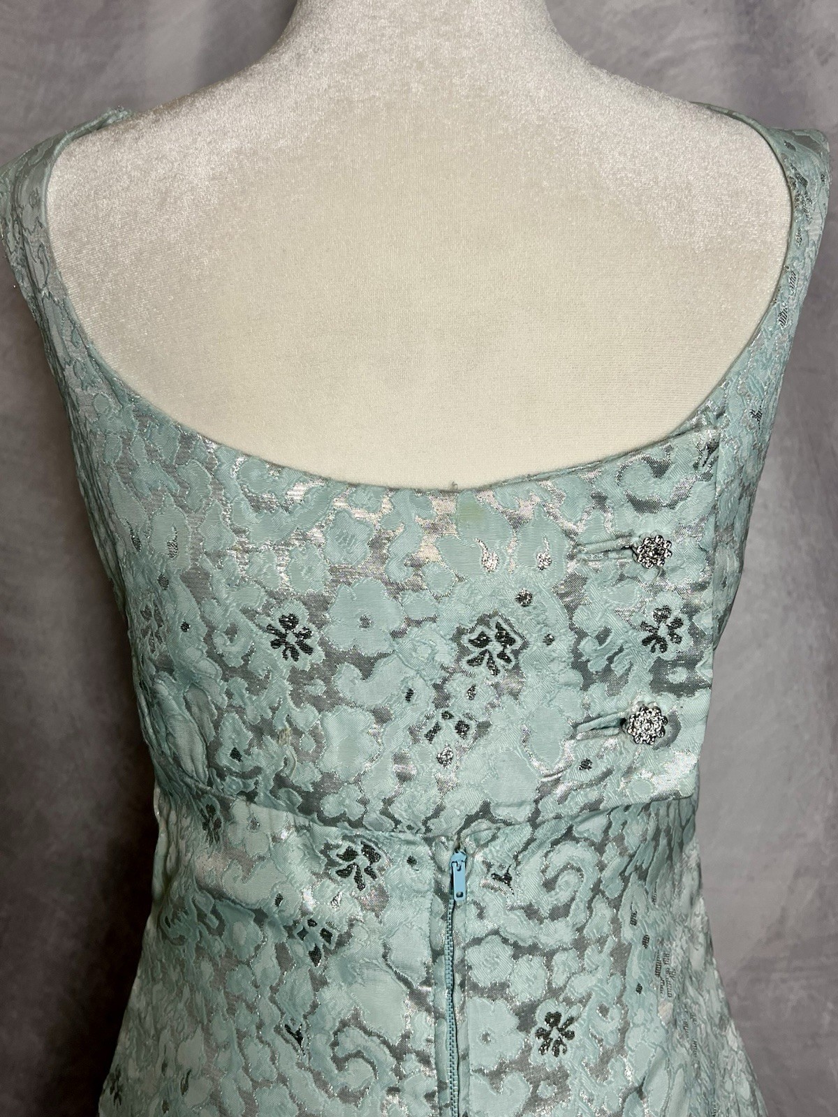 Vintage 1960s Malcolm Starr Cocktail Shift Dress Aqua Silver Floral Metallic S
