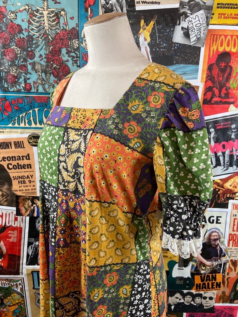 Vtg 70s Colorful Patchwork Print Puff Sleeve Maxi Boho Hippie Dress S/M Retro
