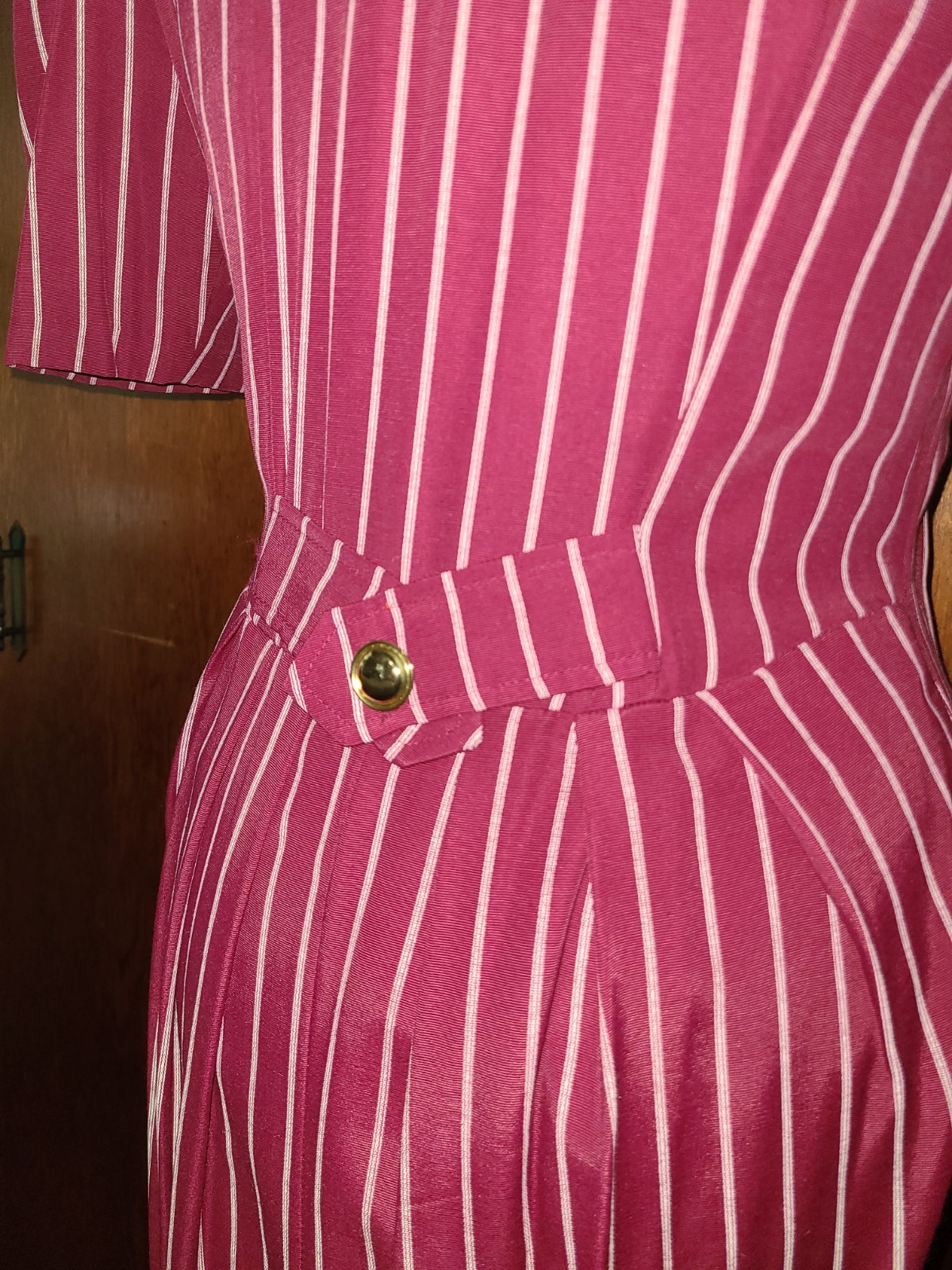 Dawn Joy Fashions Stripe Midi Dress Maroon, Short Sleeve, Vintage 90s