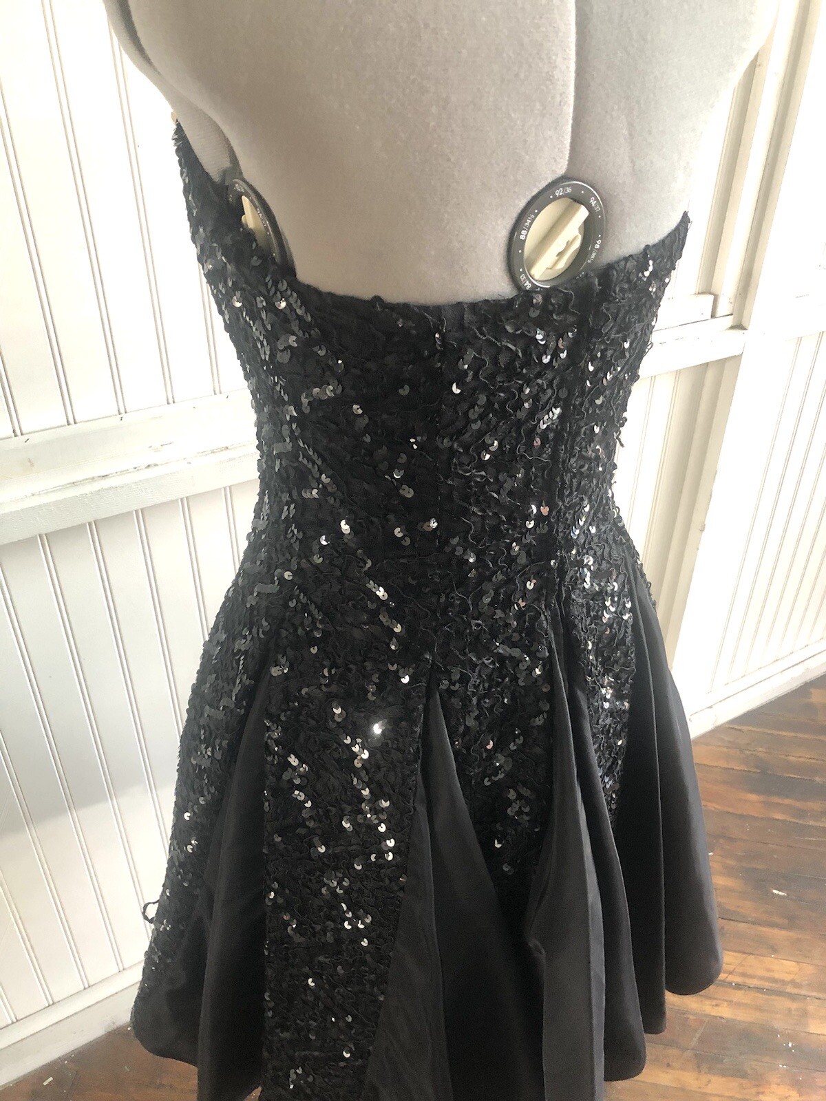 Elegant 1980’s Black Sequin & Ribbon Strapless Dress, XS/S