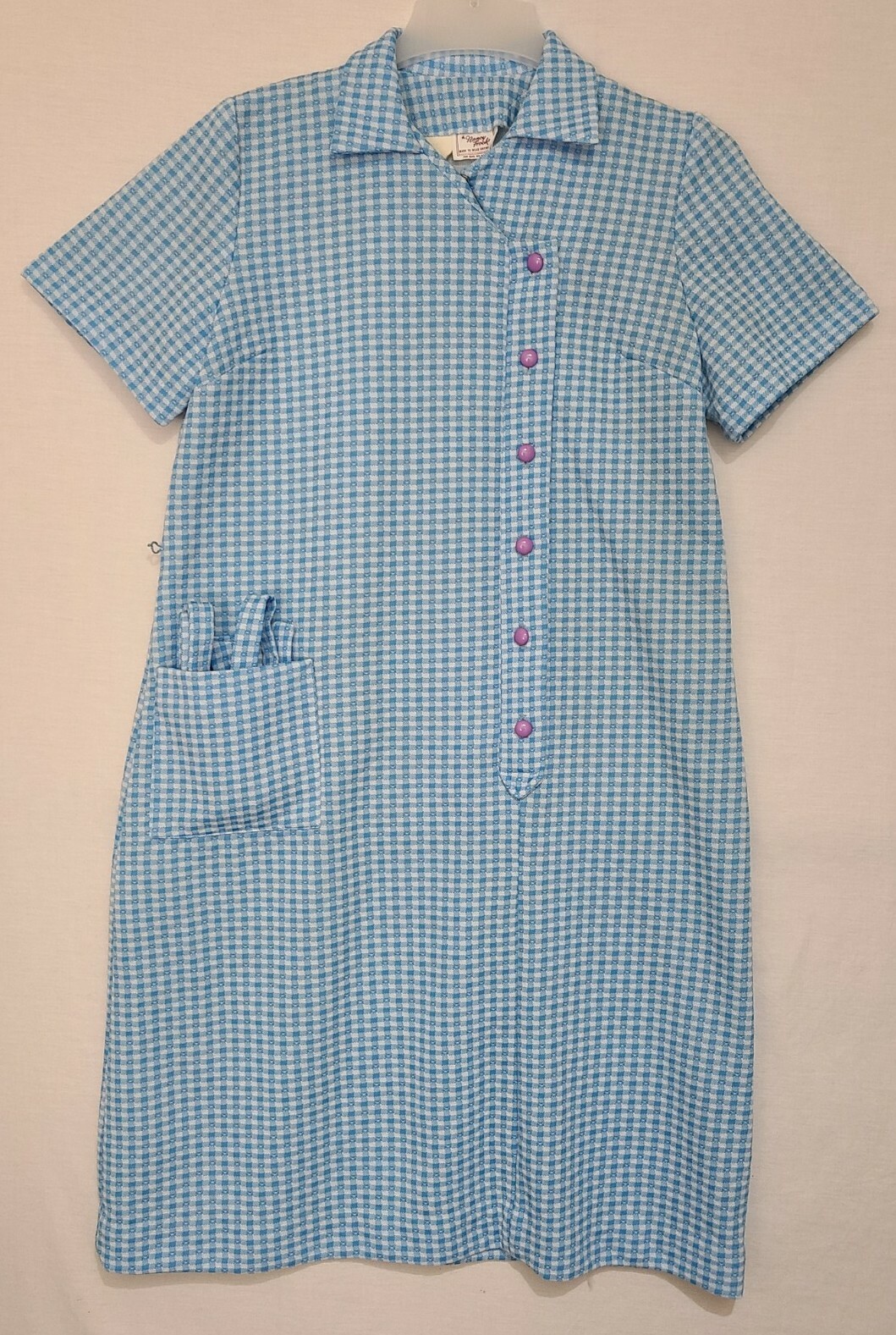 Vtg ‘70s A Nancy Frock Belted House Dress Blue/White Gingham Asymmetrical Button