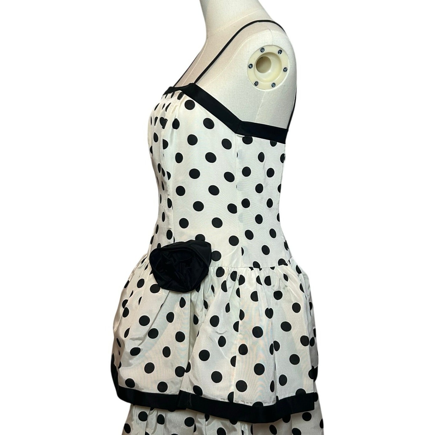 VTG 80s Stop Staring! Polka Dot B&W Medium Tiered Drop Waist Dress Rockabilly