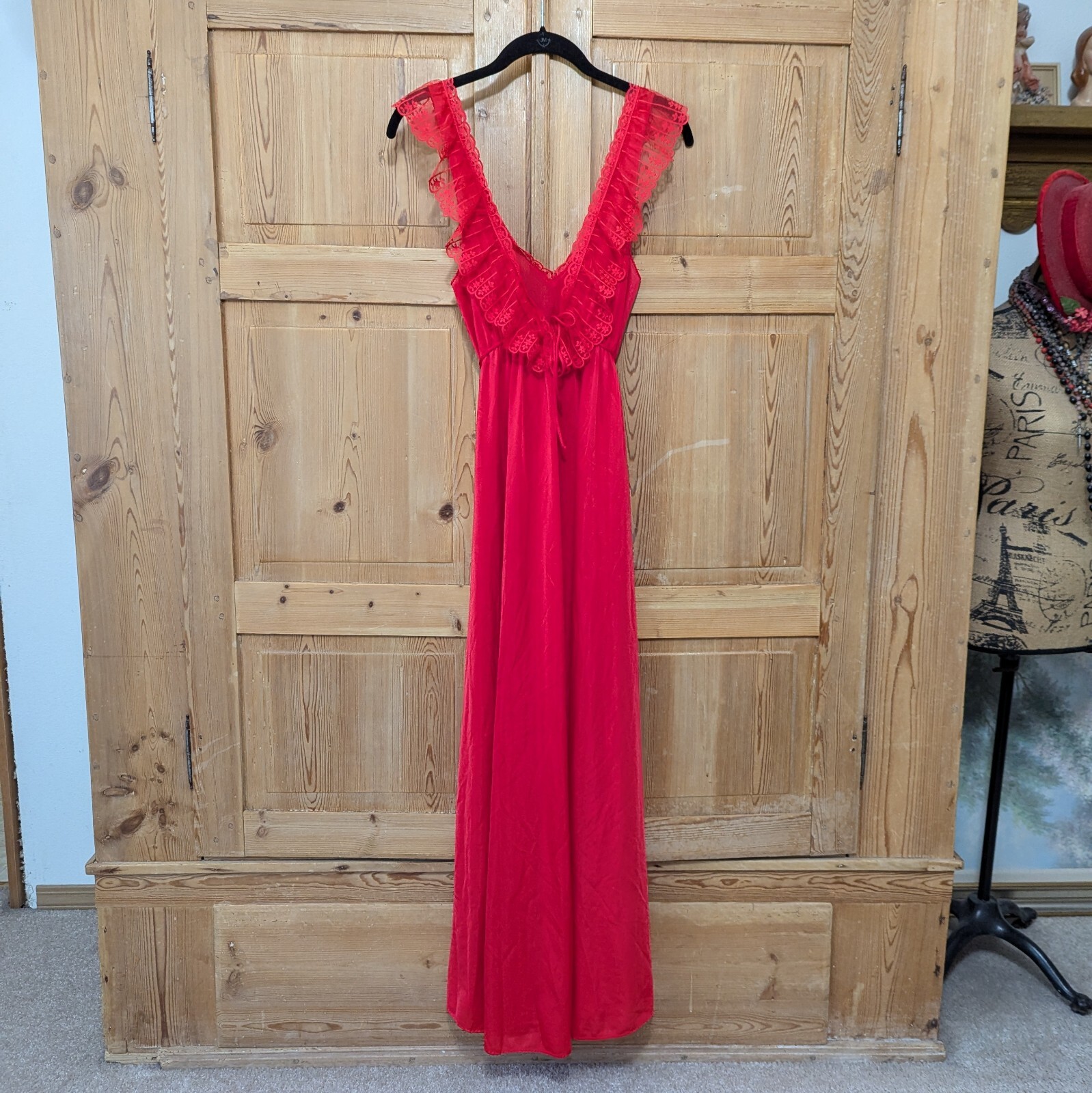 GORGEOUS Vintage Kayser Sexy Red Maxi Nightgown Lace Slip Dress Small Glamorous