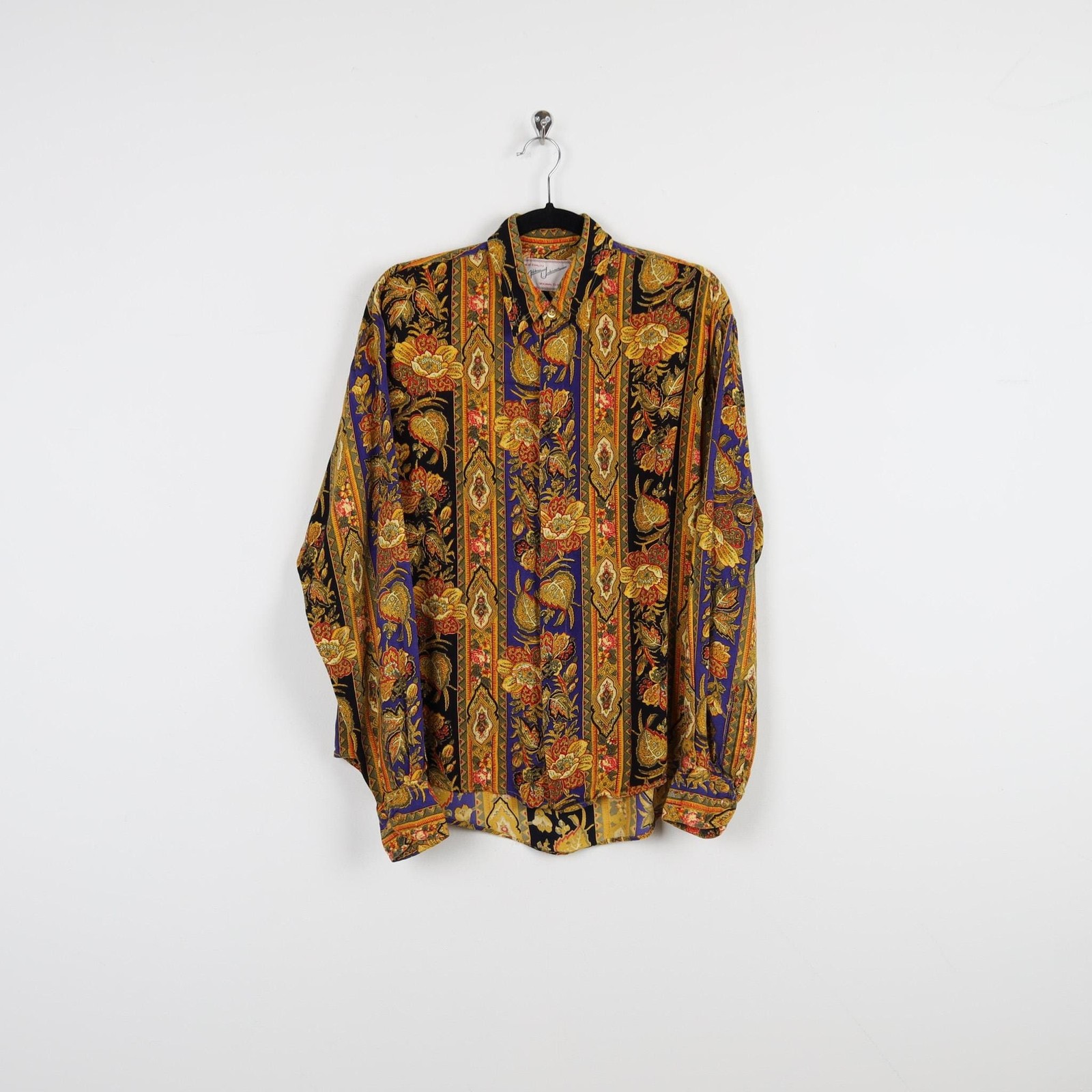 Vintage 90s Funky Brown Floral Tapestry Long Sleeve Top Retro Blouse Size Small