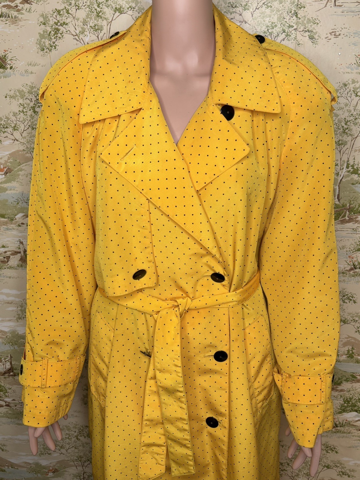 80s J Gallery Yellow Black Polka Dot Trench Coat Pleated Back Size 13/14 Vintage