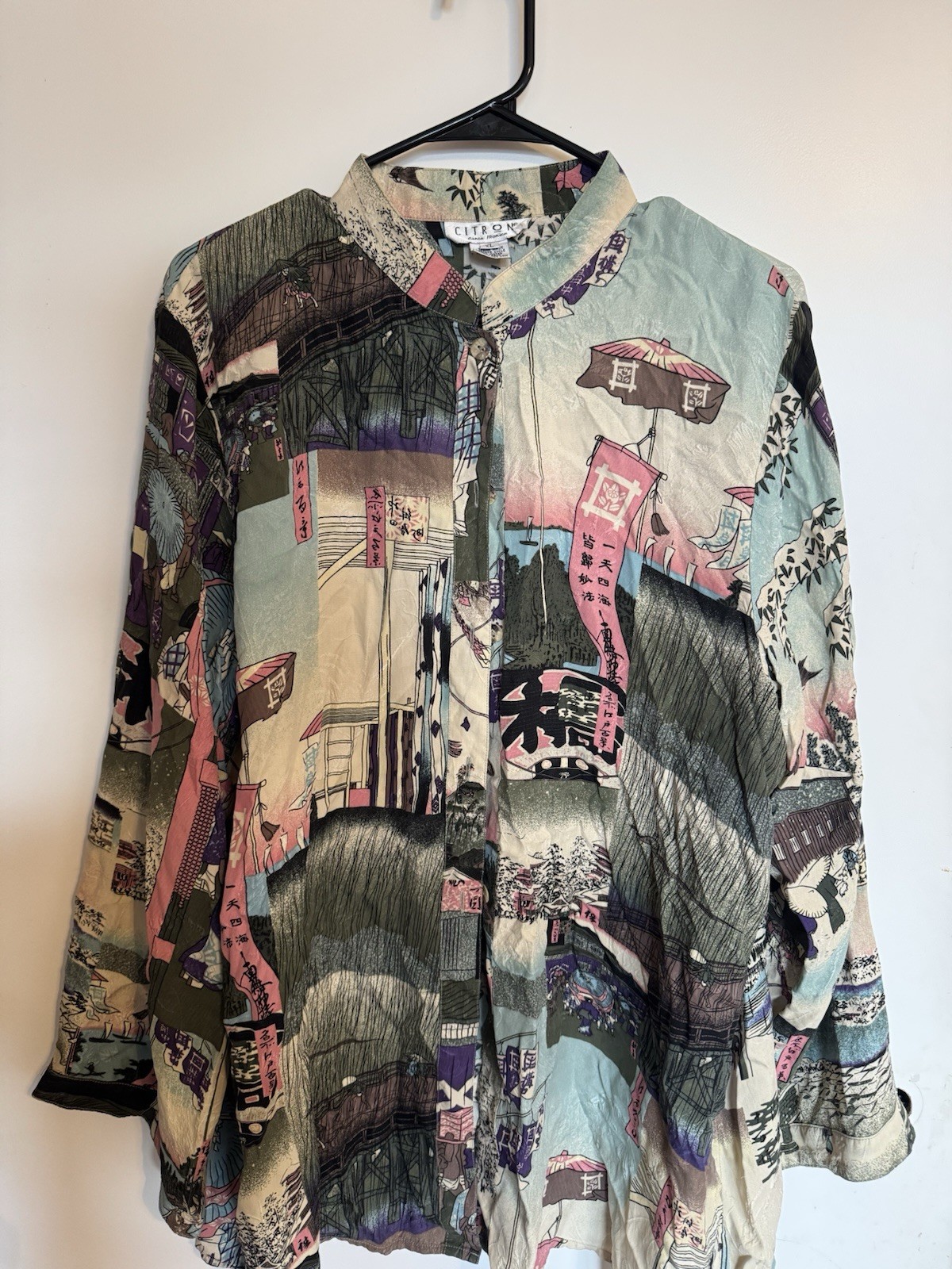 CITRON Women’s XL 100% Silk Japanese Graphic Art Print Collared Button Blouse