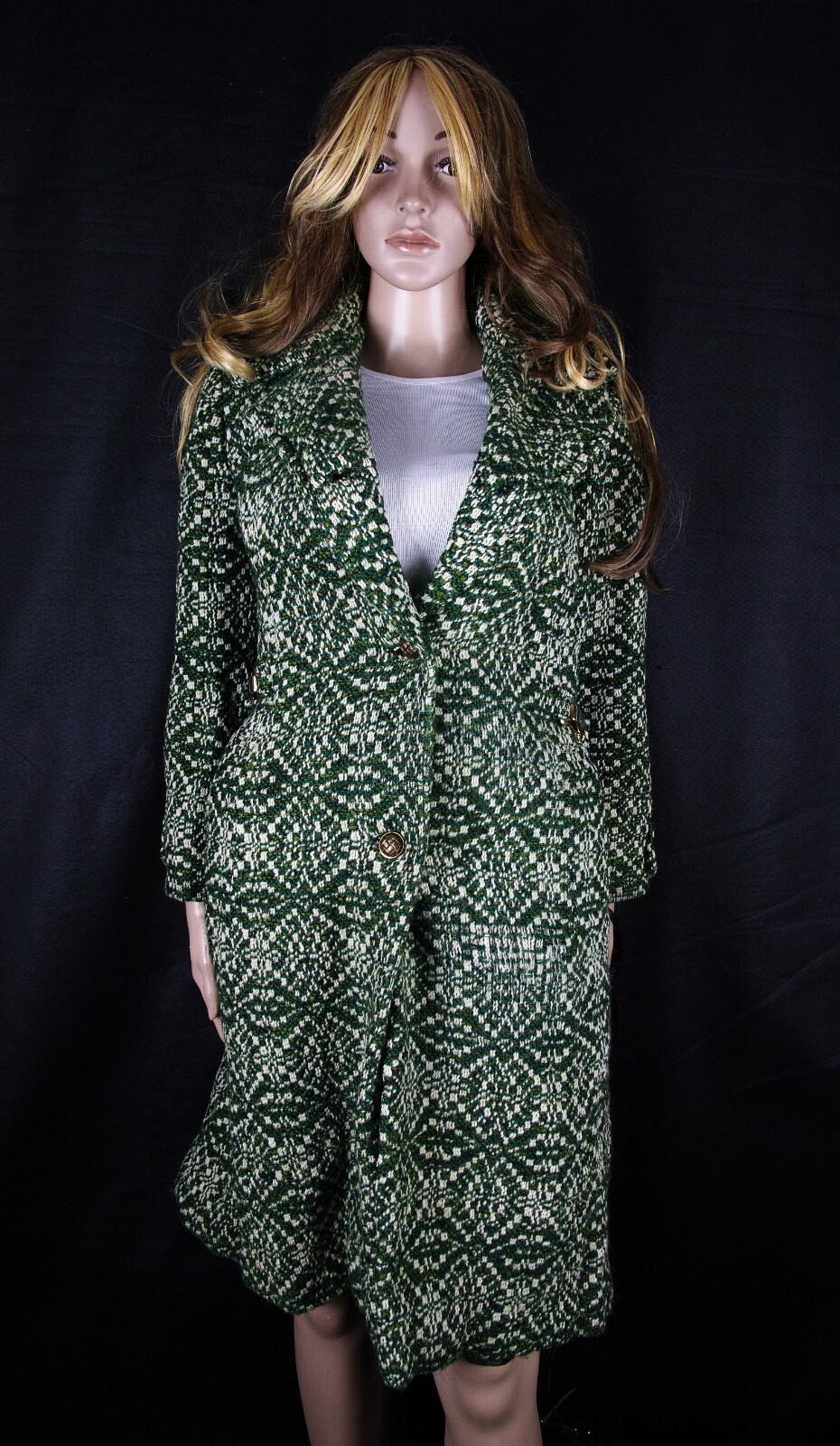 Vtg. Wool Coat Dress Coat Fishelle Green Look Feel Angora Cashmere Silk Sz S