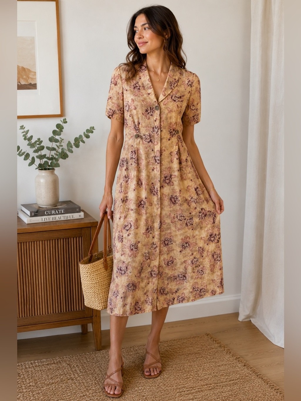 David Dart Mauve Floral Button-Front Vintage Midi Dress Size M Cottagecore