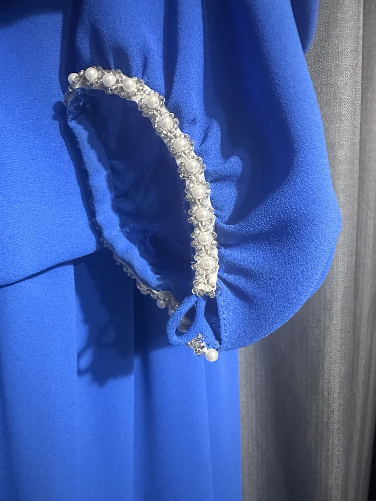 1990 MISS ELLIETTE Maxi Dress●Vtg●Pearls & Beads●Long Sleeve●Blue●Sz 14●Elegant