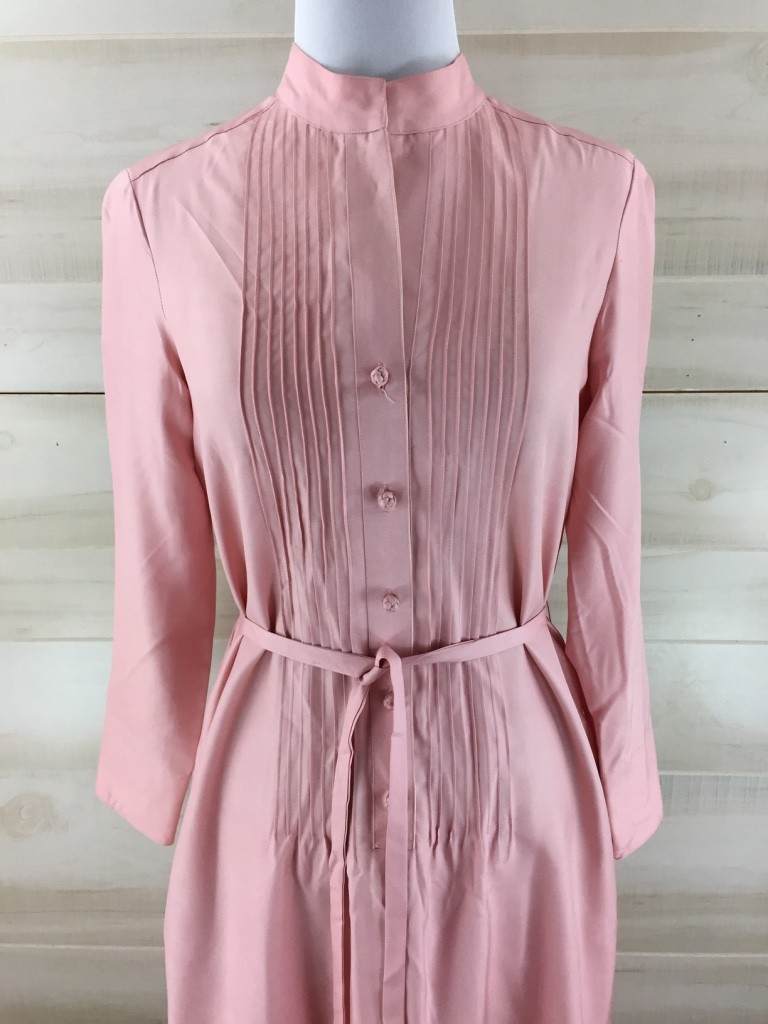 Vintage 70s 100% silk pink pin tuck belted tunic dress pockets mandarin collar M