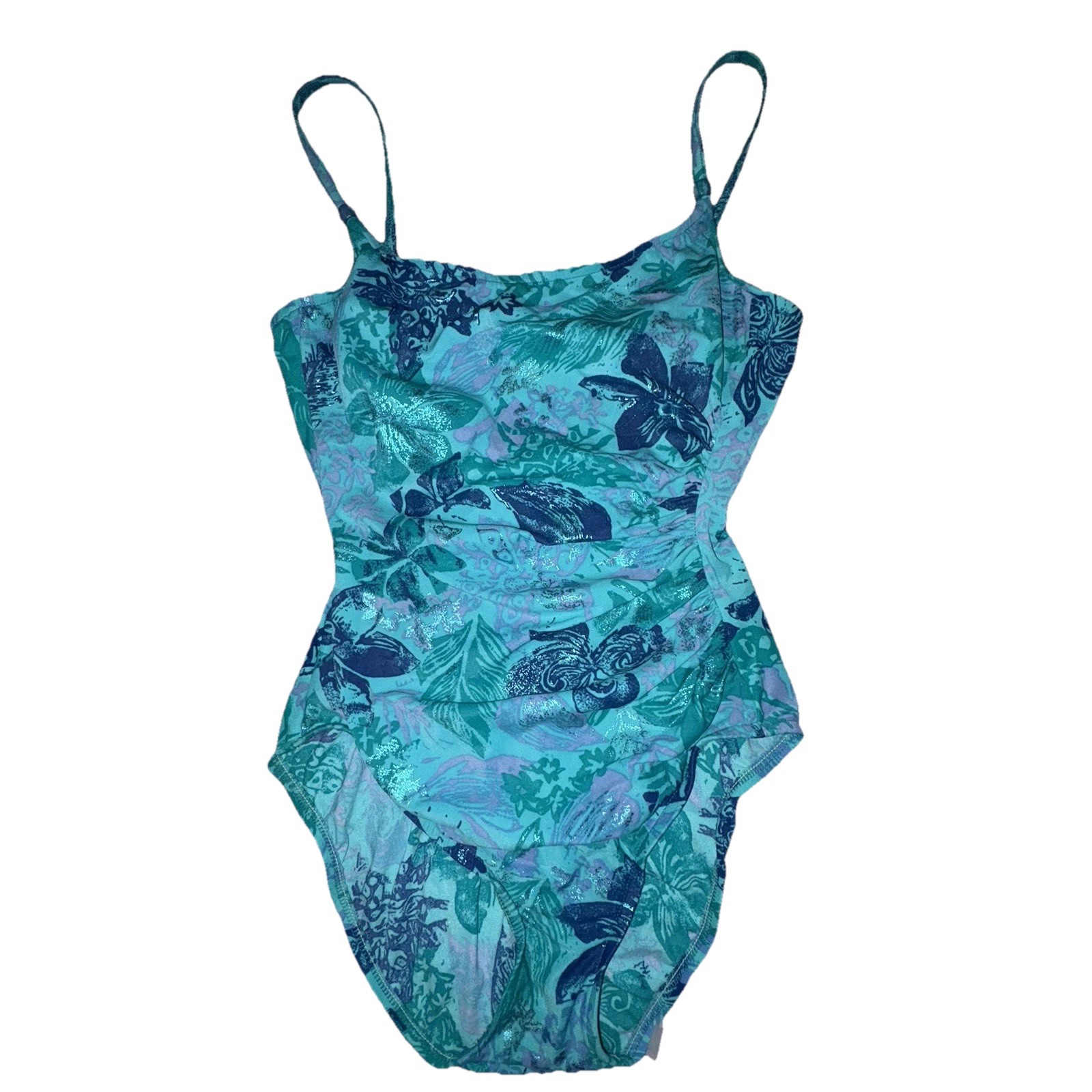 Vtg Cole Of California 90’s One Piece Swimsuit Size 8 Blue Floral Metallic Print