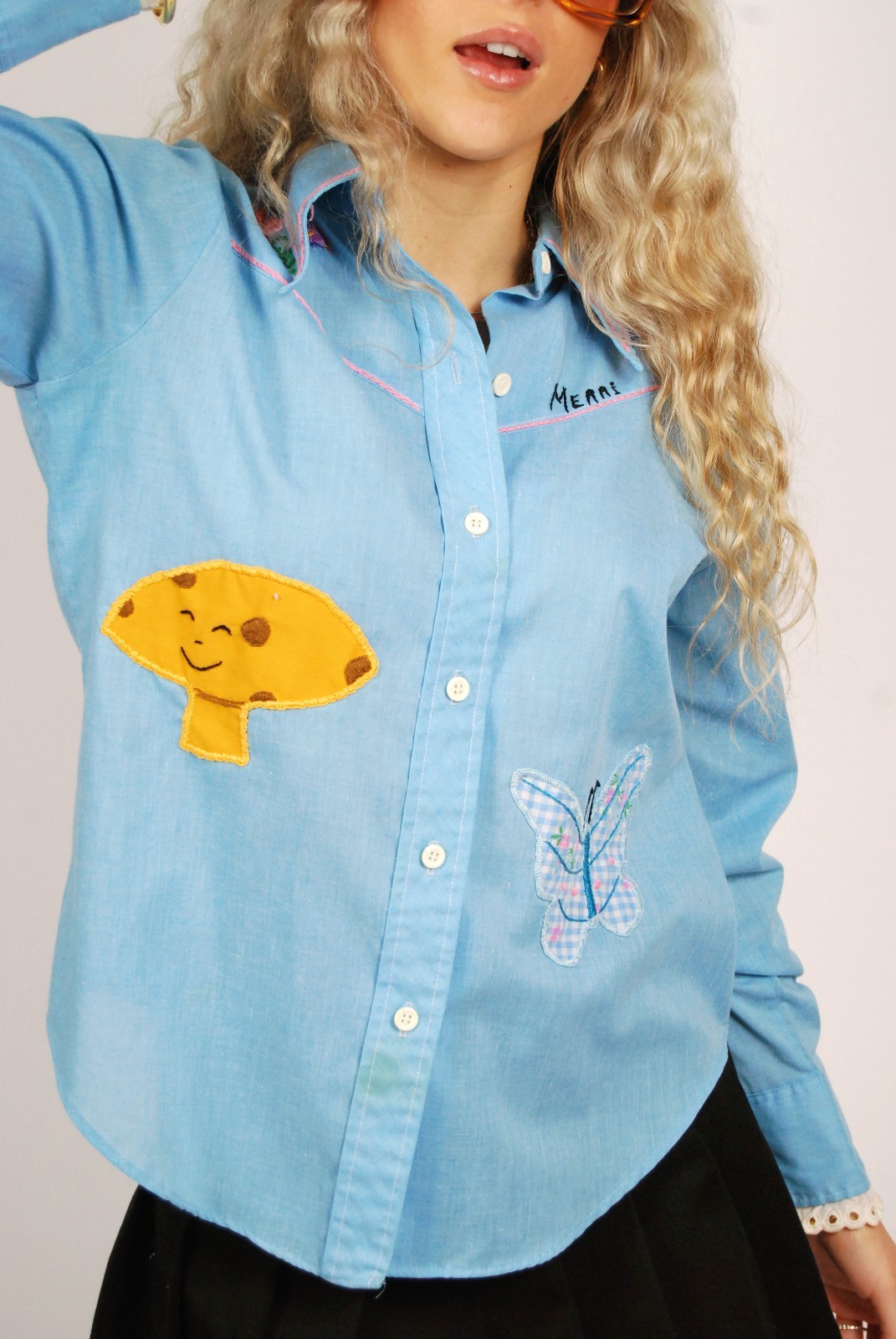 70s Patchwork Nature Button Up (S) small blue vintage embroidered western boho