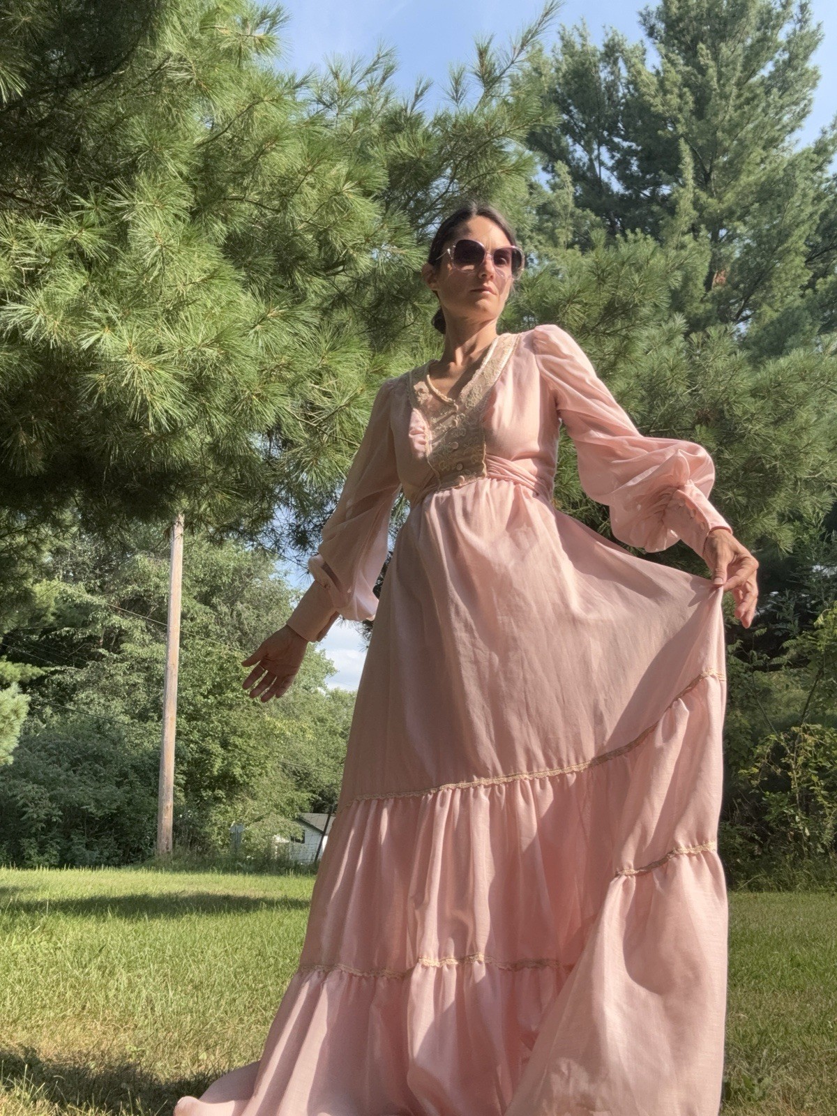 Vintage 70s Jody T Pink Prairie Maxi Dress Cottagecore Boho Fairy Size 13