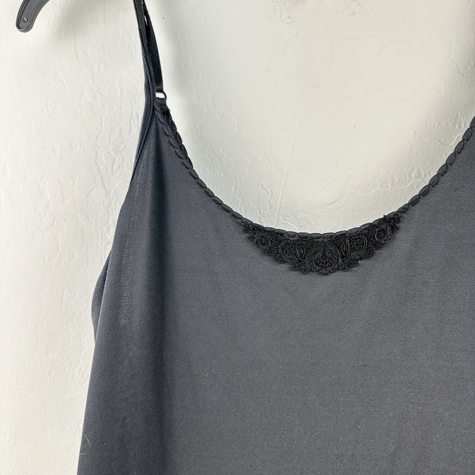 Vintage Sears Full Slip Black Nylon Size M Spaghetti Straps Appliqué