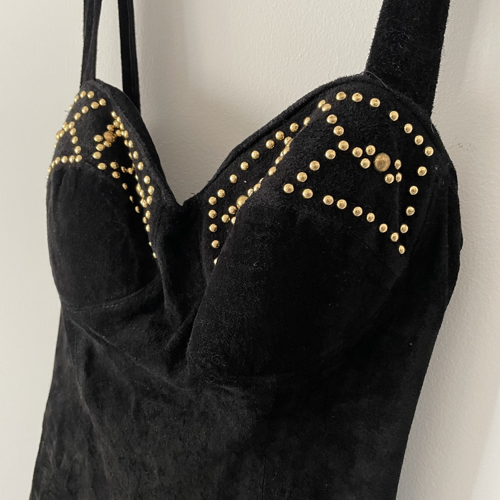 NWT VTG 90’s Firenze Santa Barbara Black Suede Leather Studded Mini Dress Size S