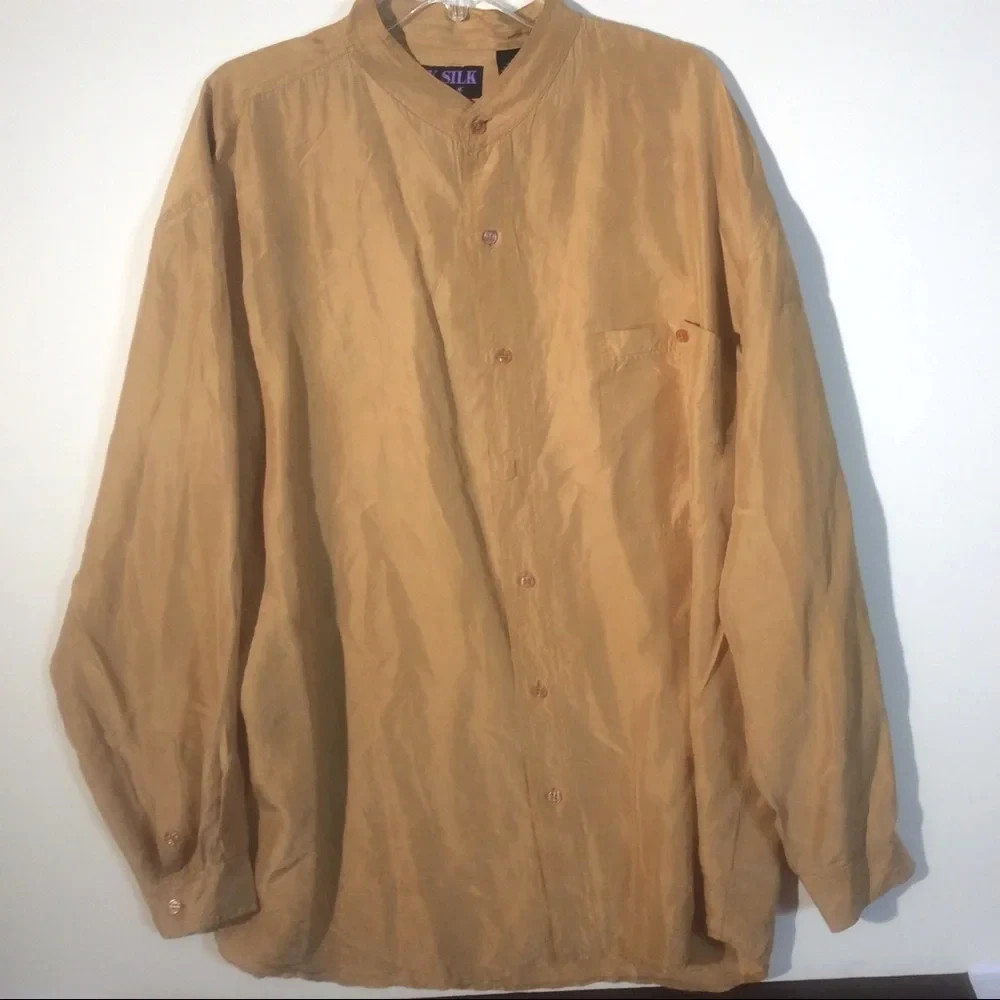 100% Silk Blouse Sz XL Mustard Yellow Long Sleeve Collar Classic Shirt Top