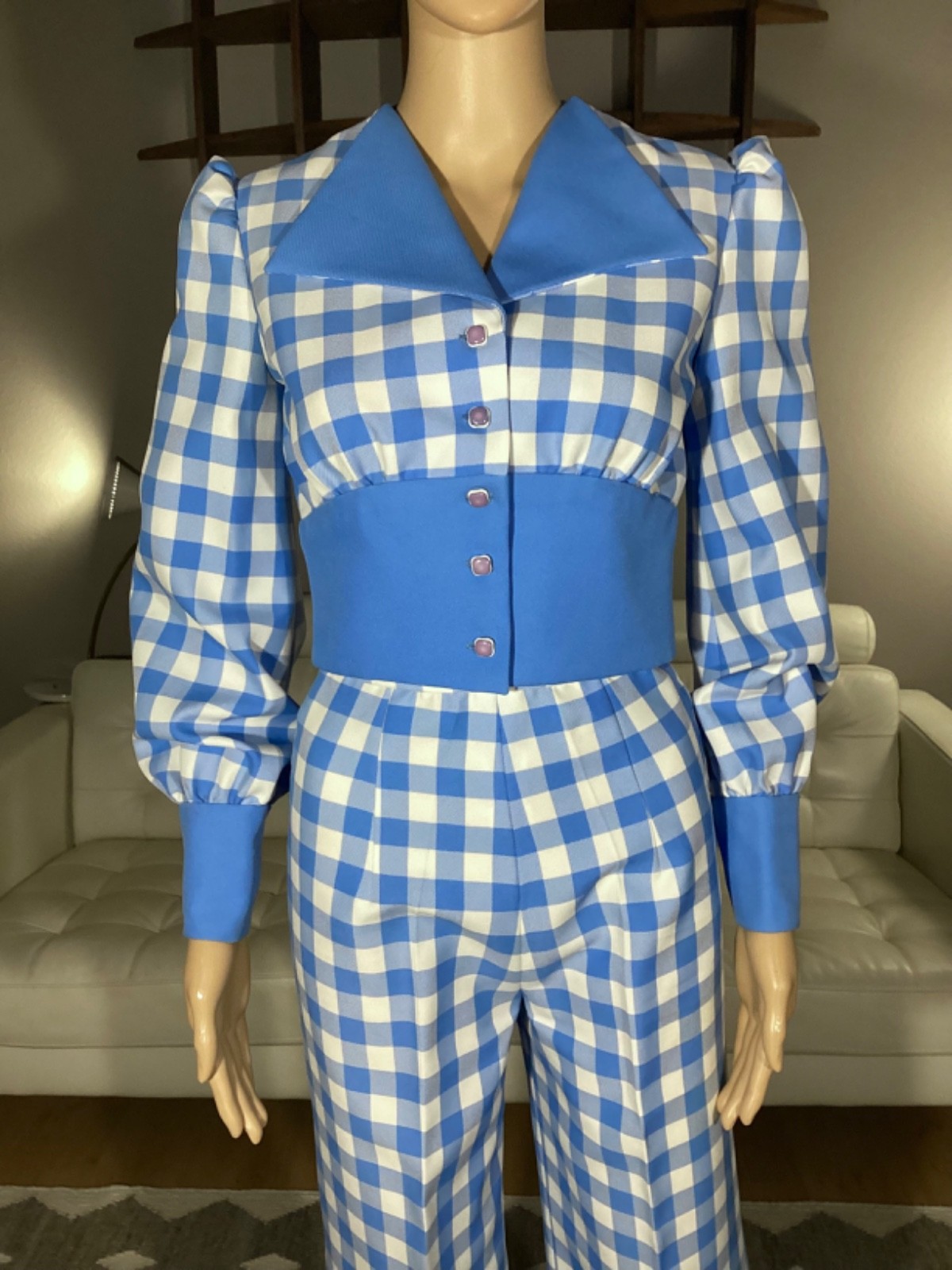 Vintage 1970’s Blue & White Check Cropped Button Up Top & Wide Leg Pants Set