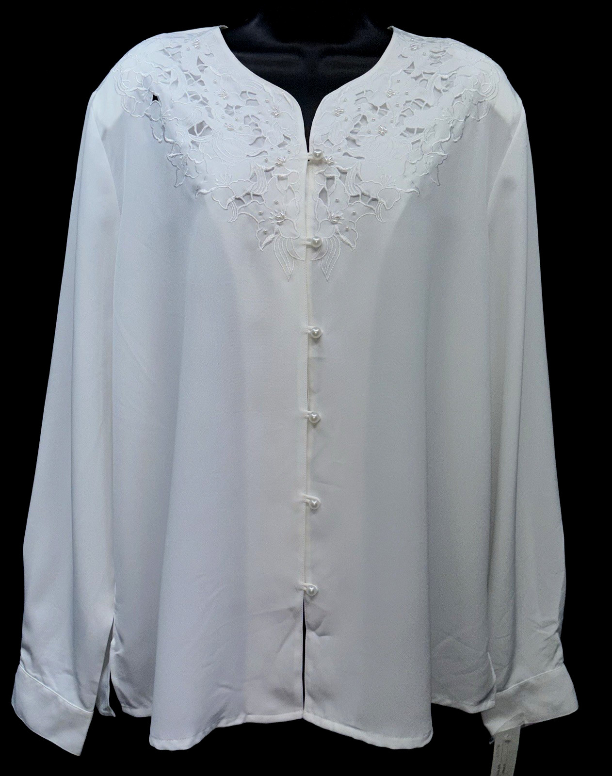 NWT Kathy Che Women Size 18 Button-Up Long Sleeve Blouse White Beads Embroidered
