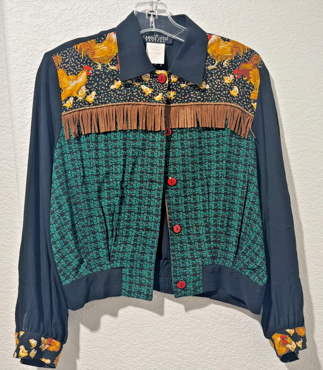 Vtg 90s Button Jacket Top Western Ranch Fringe Chickens Roosters Sz 2 USA Rayon