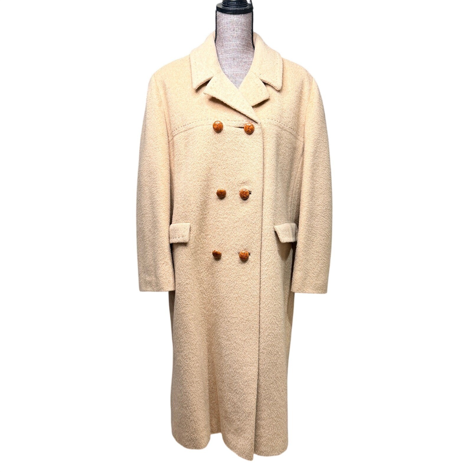 Vintage Sycamore Coat Beige Wool Women XL Double Breasted Overcoat Long Textured