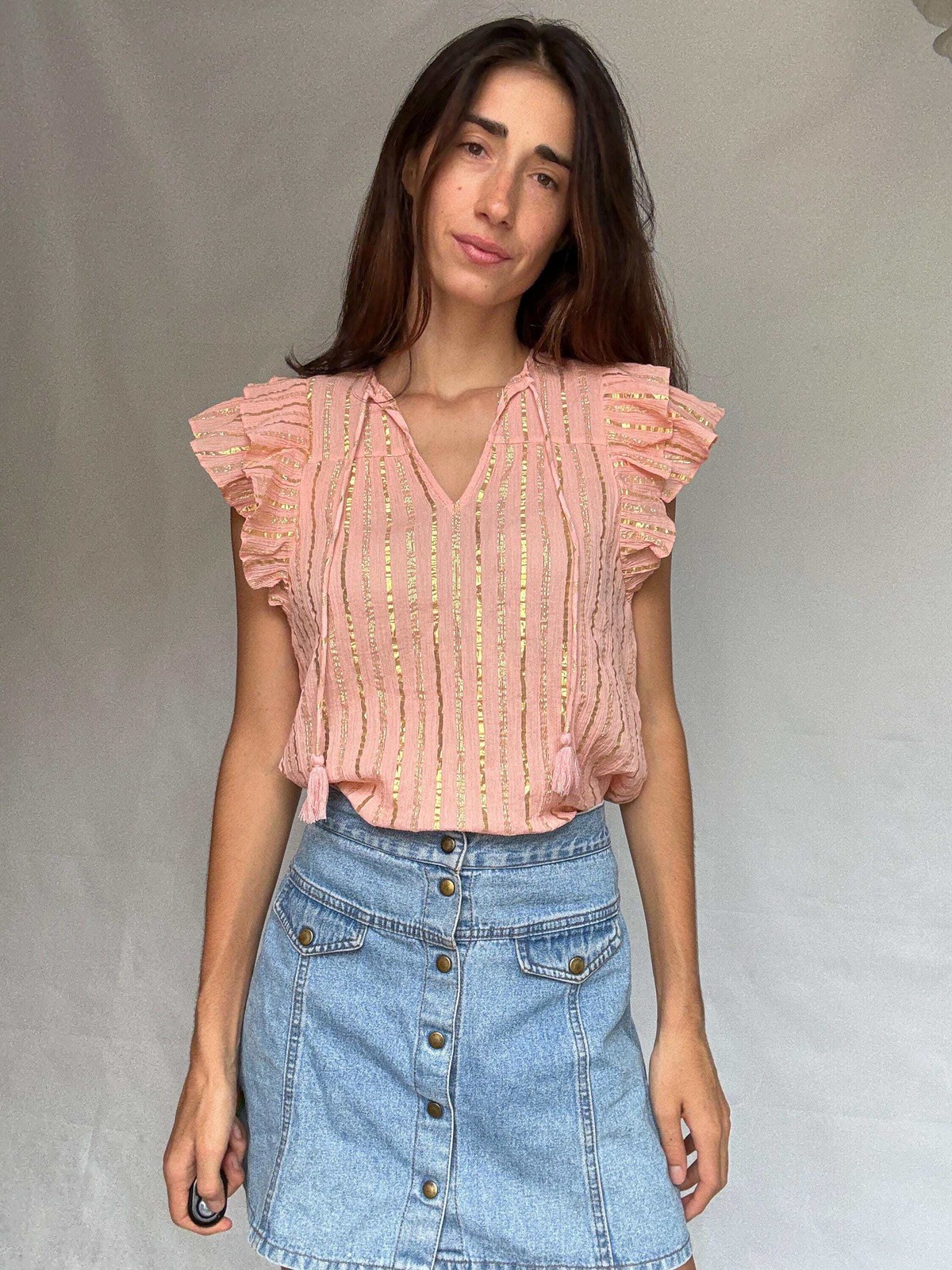 Pink and gold striped cotton top, XS