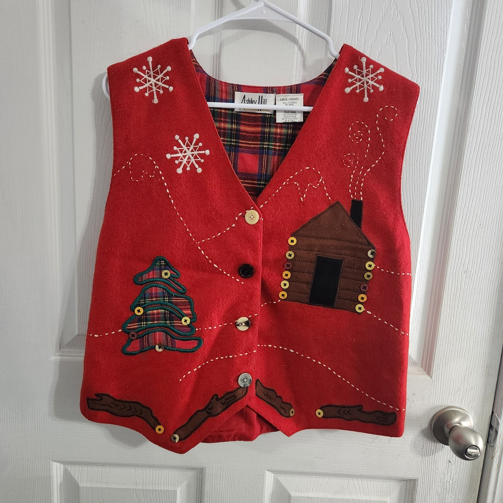 Vintage christmas vest wool holiday party lagenlook buttons embroidered women LG