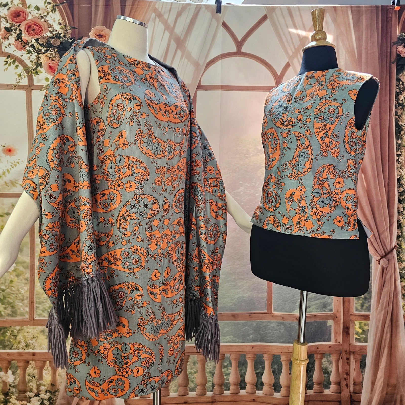 Vintage 1960s Paisley Dress Set Shift Top Blouse Fringed Shawl Grey Orange Mod