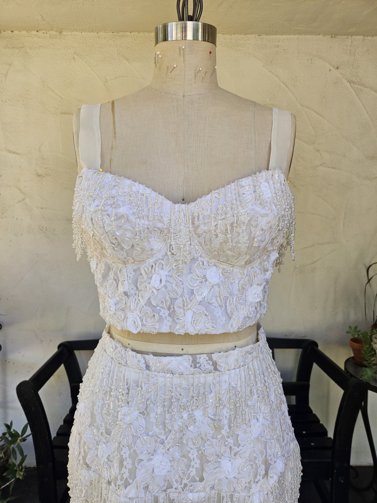 Vintage 1980s 2 Pic Wedding Dress Beaded Fringe Lace Bridal Bustier And Skirt L