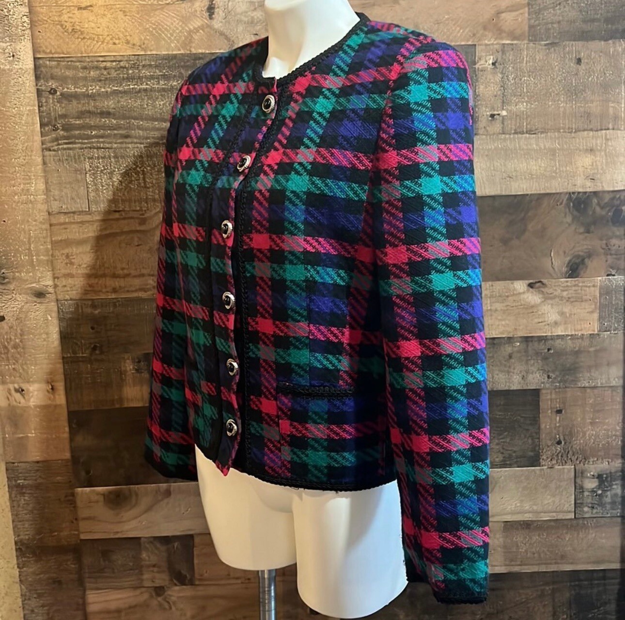 Vintage 90s Funky Colorful Bright Pink Purple Black Teal Plaid Jacket Blazer 8