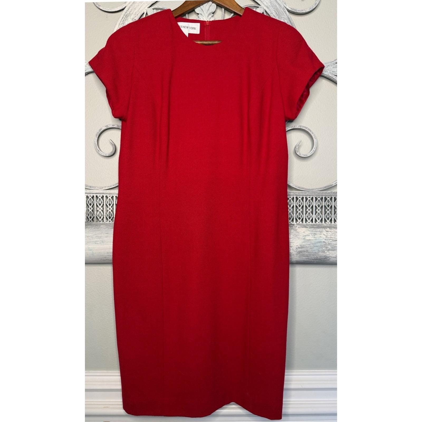 Vintage Jones New York Red Worsted Wool Sheath Dress 90s Made in USA Size 12 EUC