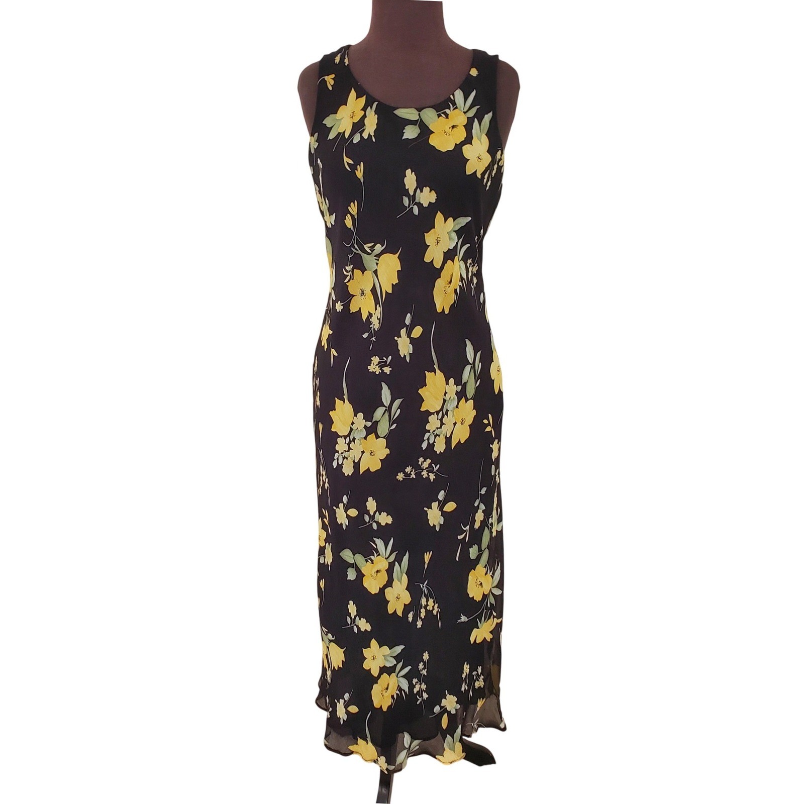 Vintage 90s Cottagecore Floral Bias Cut Maxi Dress Black Yellow Sz 10 Studio I