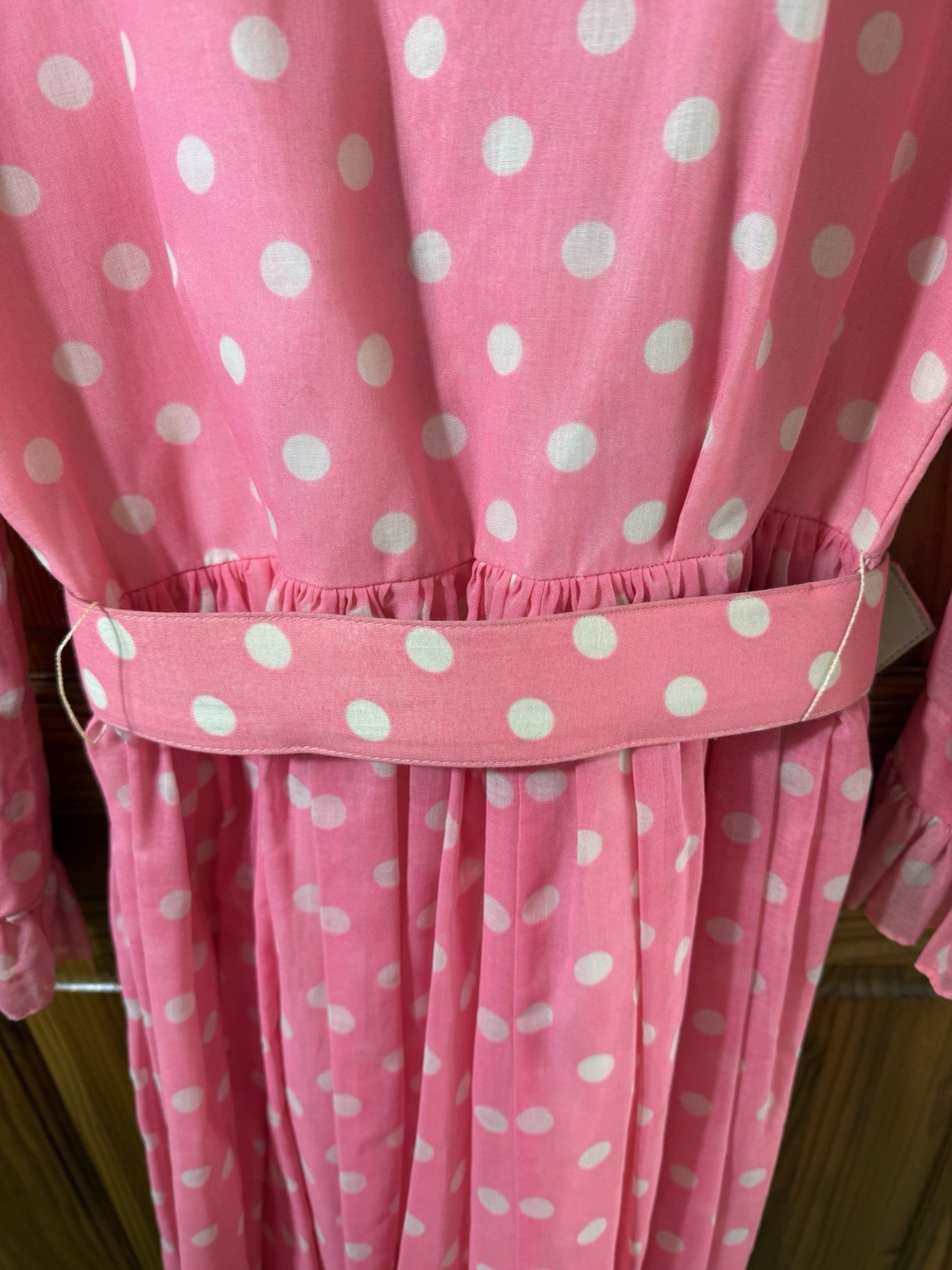 Vtg Secretary Ruffle Dress Gallant of California Pink Polka Dot Belted NWT Sz 16