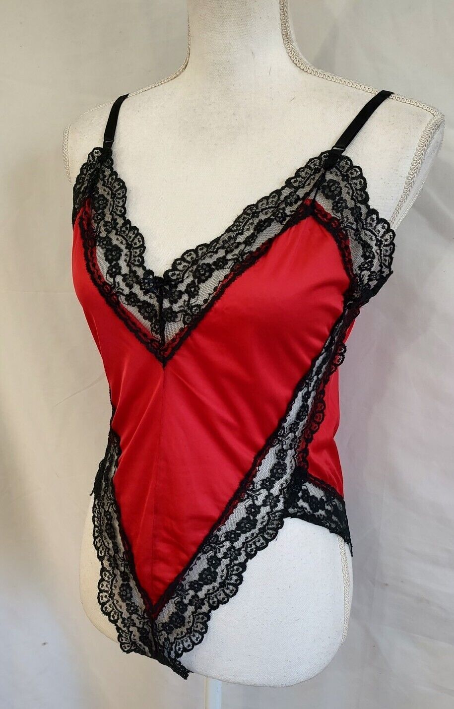 80’s Vintage Teddy Romper Red Nylon & Black Lace Super High Cut Leg Sexy Sz S