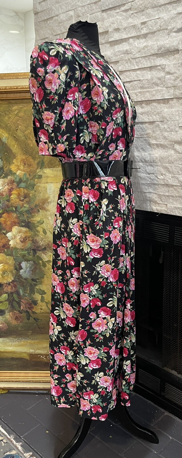 VTG 80s Cottage Core Trad Wife Floral Party Belted Day Dress Modest Size 1