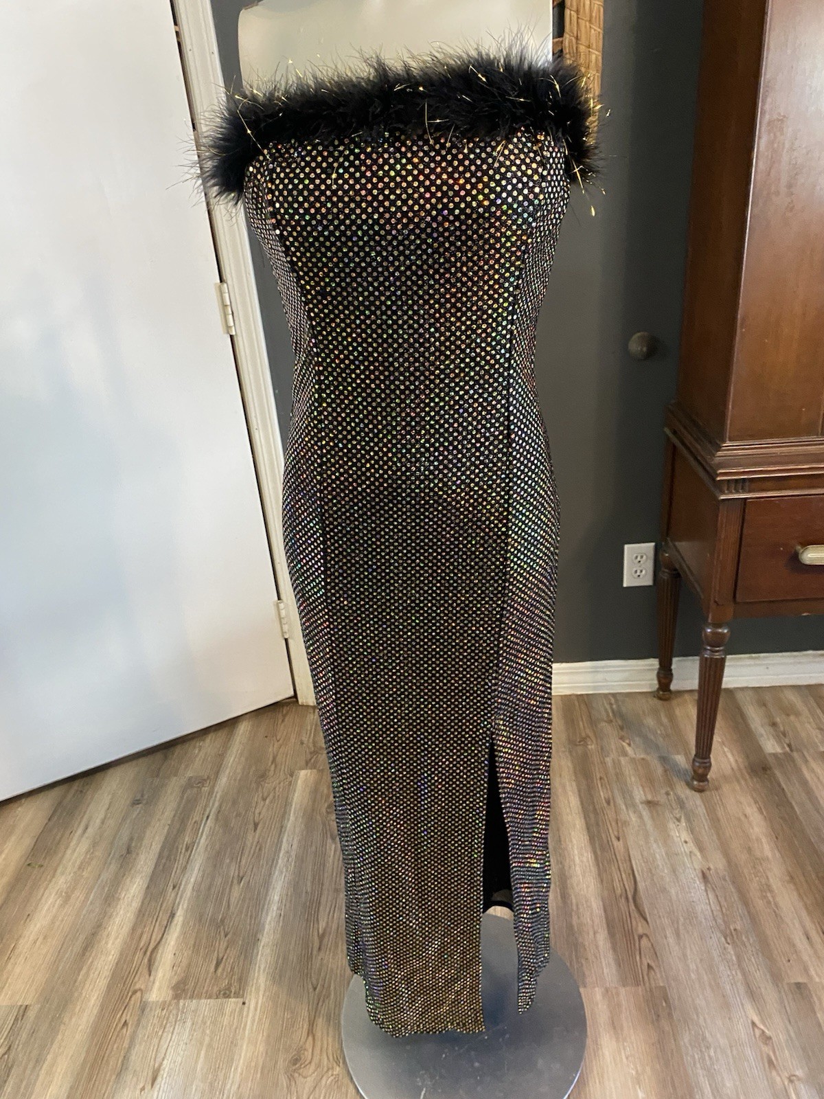 Vintage Green Land Glamour Hollywood Evening Dress Gold Dots Feather Trim Sz M