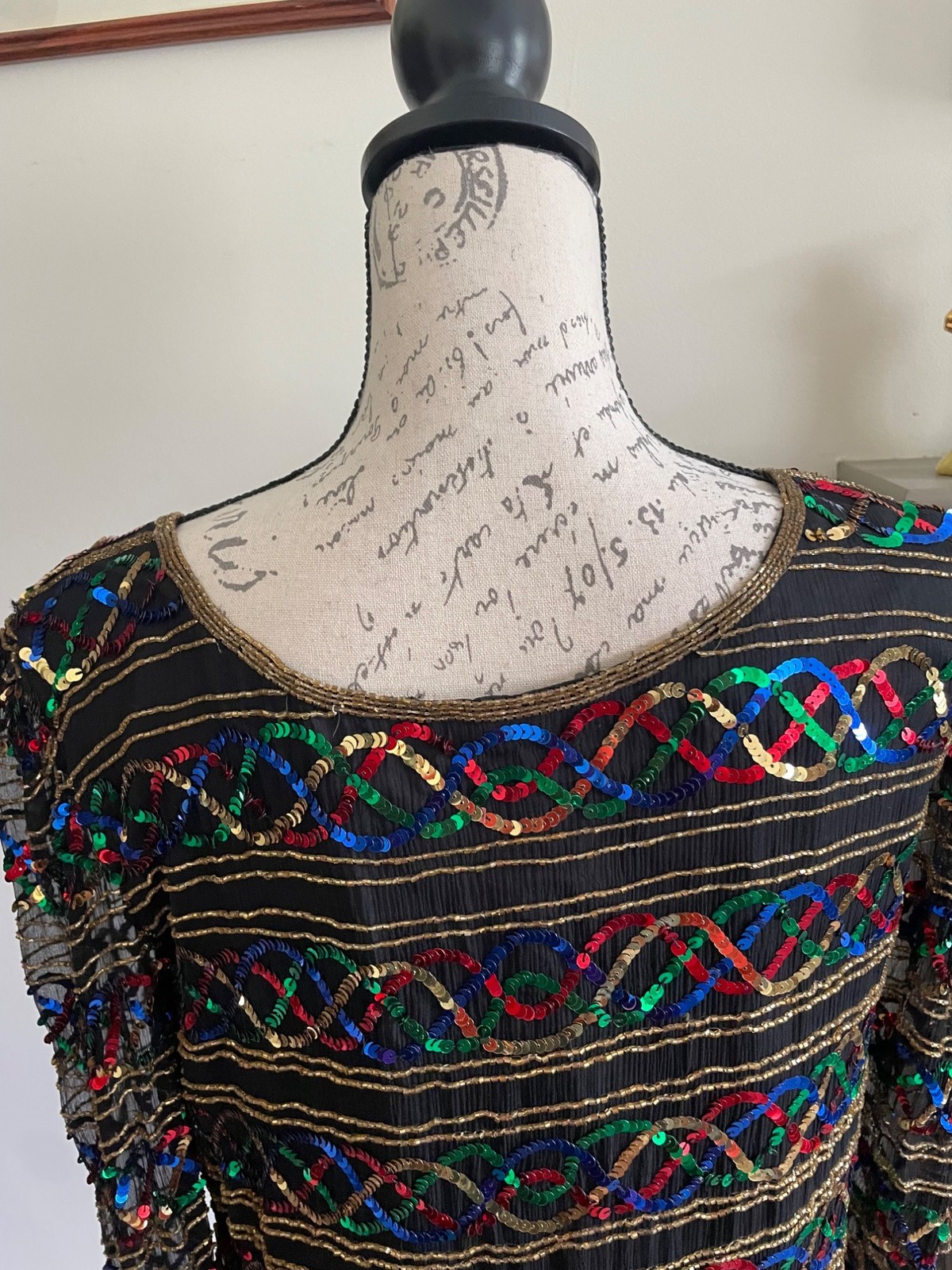 Vintage Stenay Silk Rainbow Sequin Shirt Scoop Neck Blouse Top Showgirl Sparkle