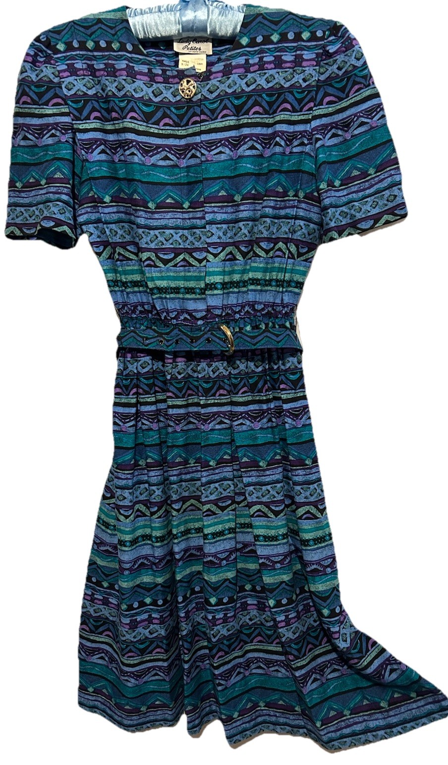 Vintage 80’s Lady Carol Petites Dress Teal Purple Artsy Pleated Belted Rayon 6