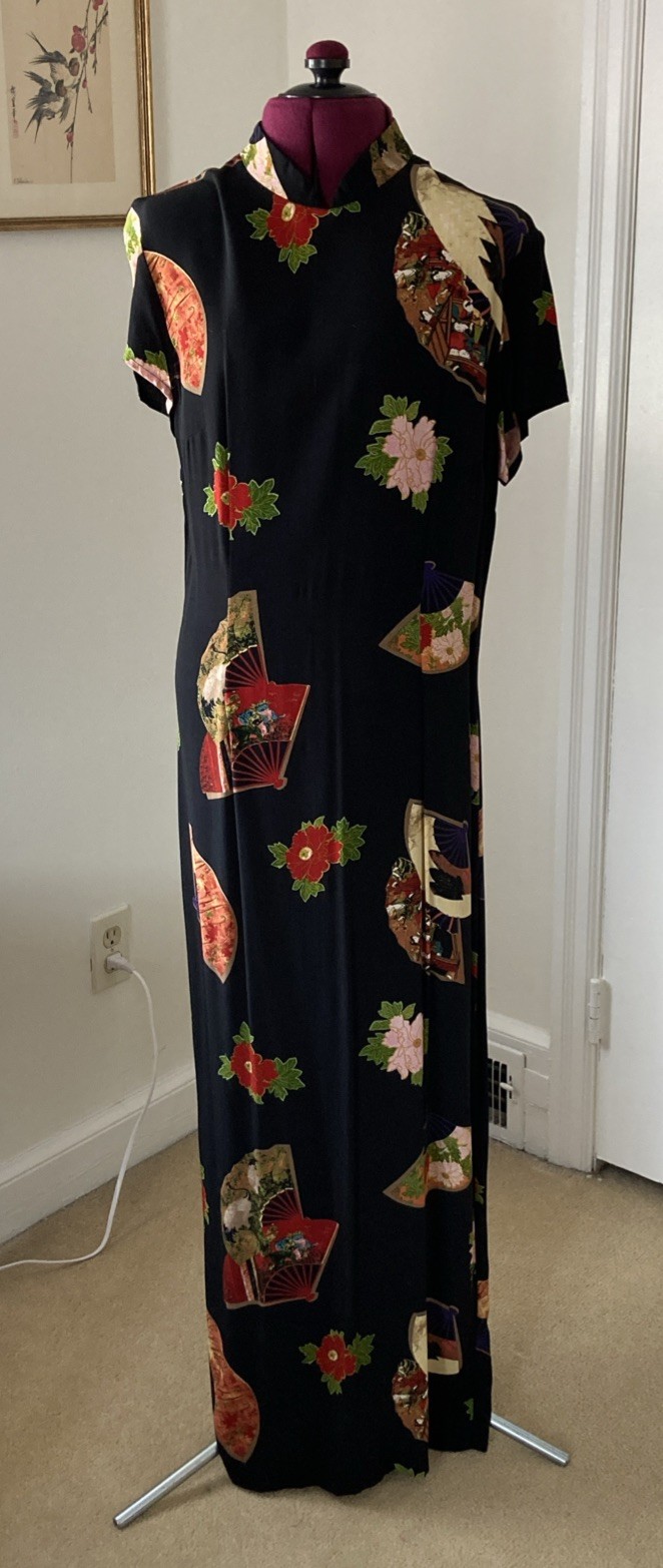 Vintage 90s MICA Sz 10 Multicolor Sheath Maxi Dress Nehru Collar Back Zipper