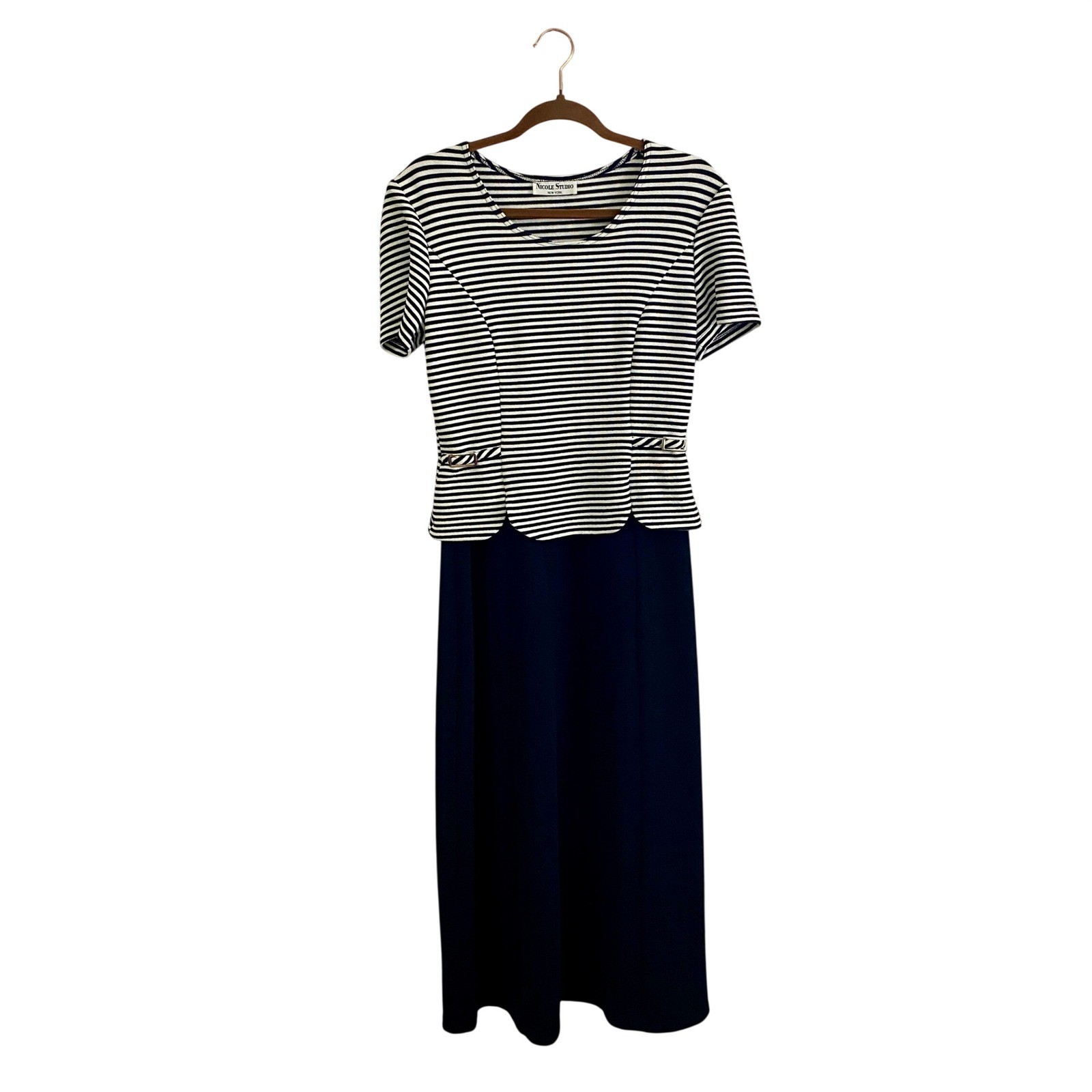 Vintage Nicole Studio NY Striped Scalloped Mock Two Piece Maxi Dress M