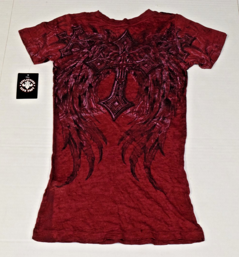Vintage Affliction Priscilla Burnout Baby Tee Size XS Y2K Sangria Red Bling NWT