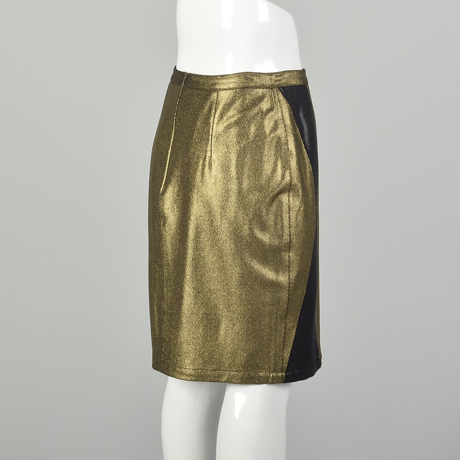 Medium 1990s Versace Spandex Pencil Skirt Metallic Gold Black Embellishment VTG