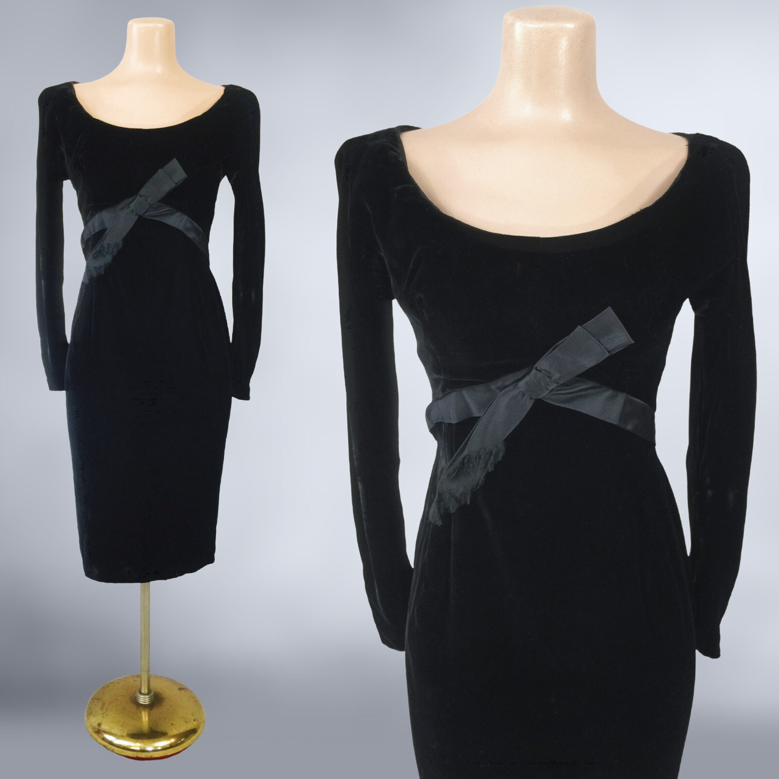 VINTAGE 50s Velvet Wiggle Bombshell Dress with Bow & Shelf Bust 36B/ 27W VFG