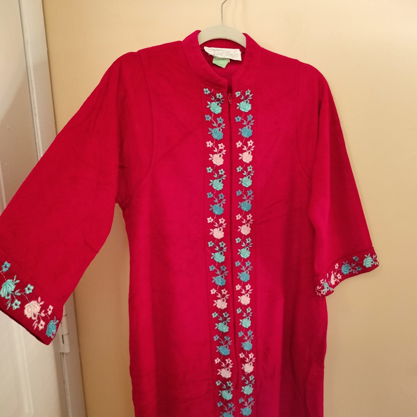 Evelyn Pearson Red Vintage Zip Floral Embroidery House Coat Robe S Golden Girls