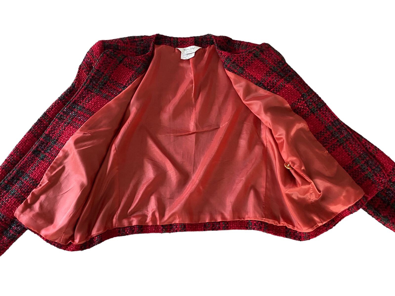 Womens Vintage Tanjay Tweed Blazer Large red green 12 80’s Gold buttons crop